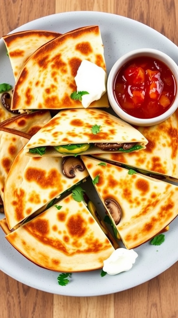 Savory mushroom and spinach quesadillas on a plate, with a side of salsa and sour cream.